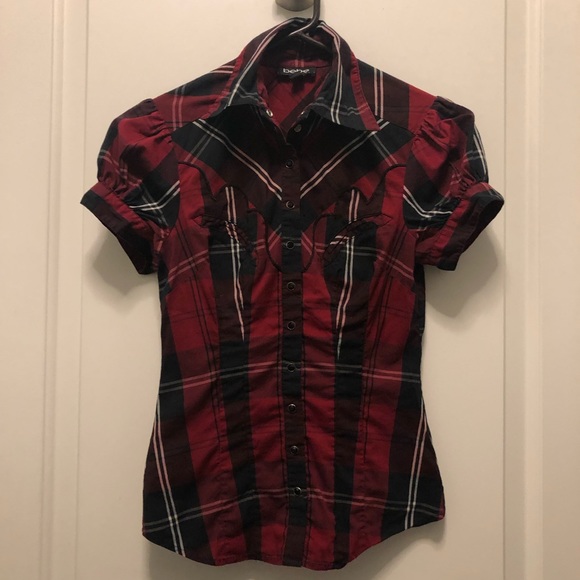 bebe Tops - Bebe Red Black Plaid Puffy Sleeves Top XXS